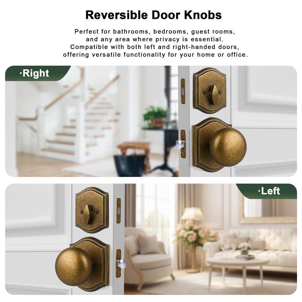 Vintage Antique Brass Door Knobs with Deadbolt Interior, Zinc Alloy
