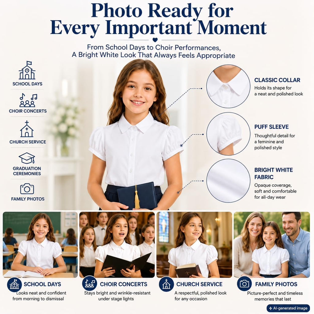 White Wrinkle-Free Girls Blouse: School Uniform Cotton Shirt