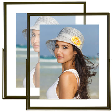 8x10 Floating Picture Frames Set of 2, Made of Metal and Double Real Glass, for Photo Size up to 10x12, Tabletop