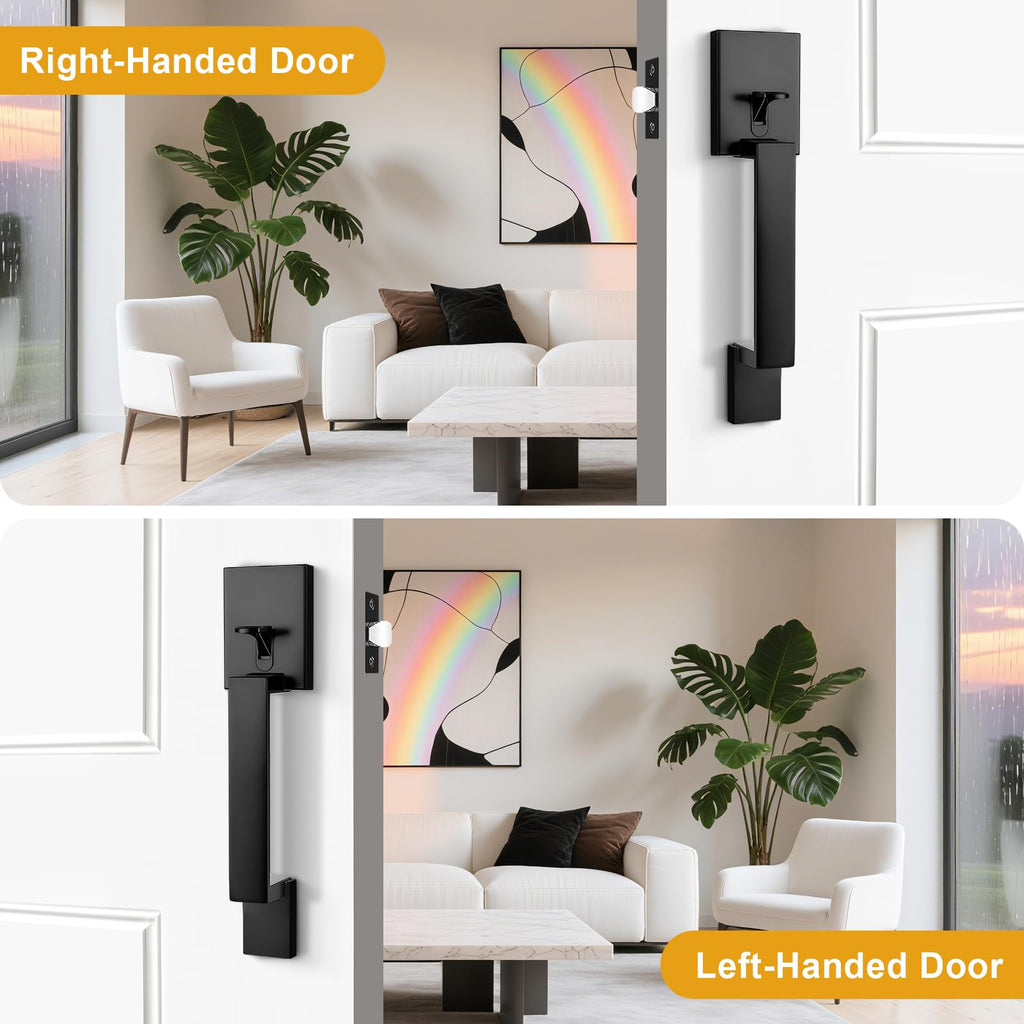 Black Front Door Handle Set, Exterior Door Handle, Modern Heavy Duty Square, Passage Door Handleset Reversible for
