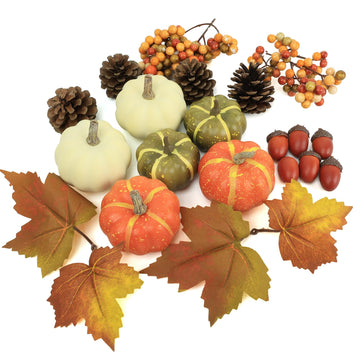 20 Pcs Realistic Fall Mini Pumpkin Decorations, Pumpkin Decor with Maple Leaves, Pine Cones, Acorns, Thanksgiving