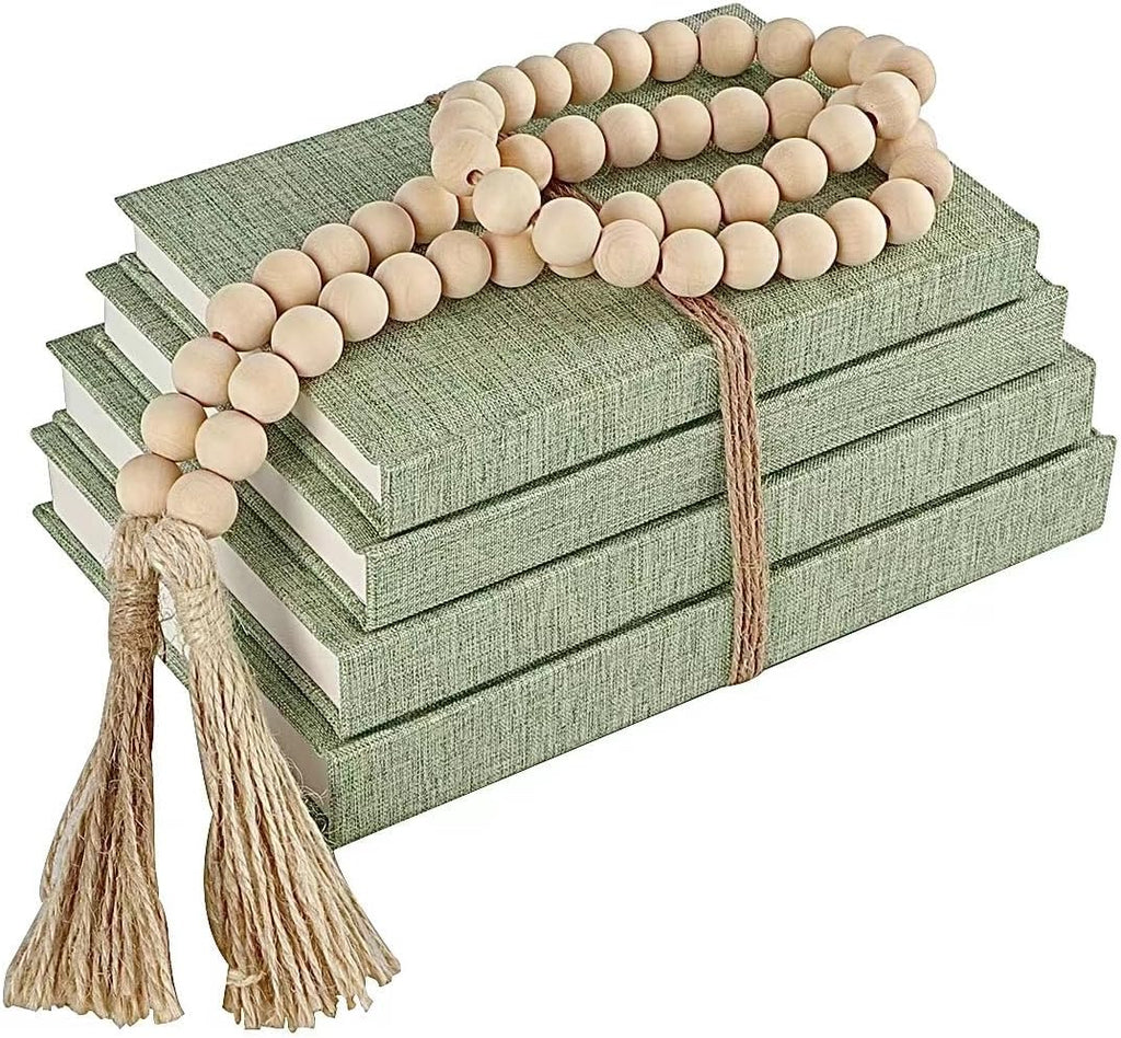 Linen Decorative Books with Wood Beaded Tassel, 4-Piece Sage Set | Coffee Table Books, Neutral Linen Decor, Rustic
