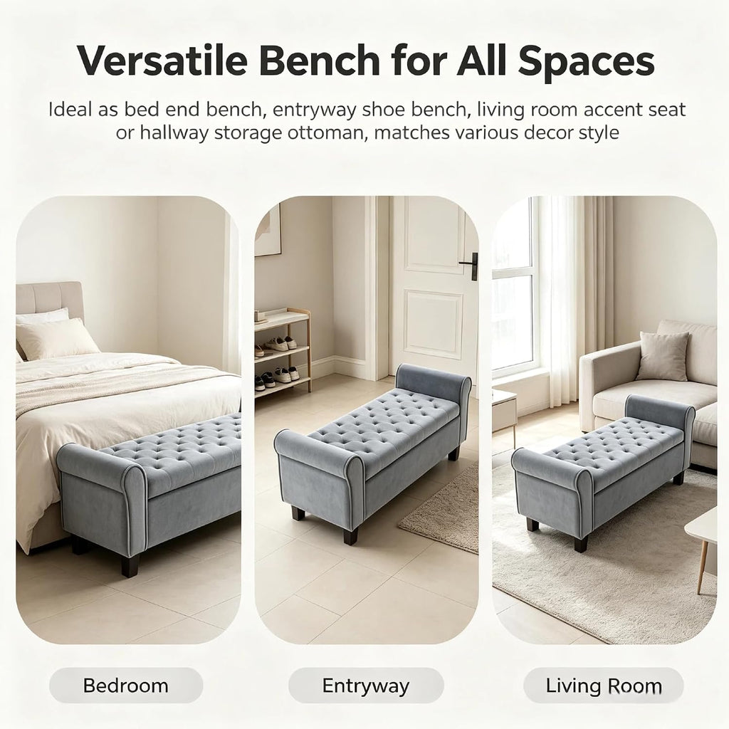 51 Inch Grey Velvet Storage Ottoman Bench with Rolled Armrests | Tufted Ottoman Bench with Storage,500 Lbs
