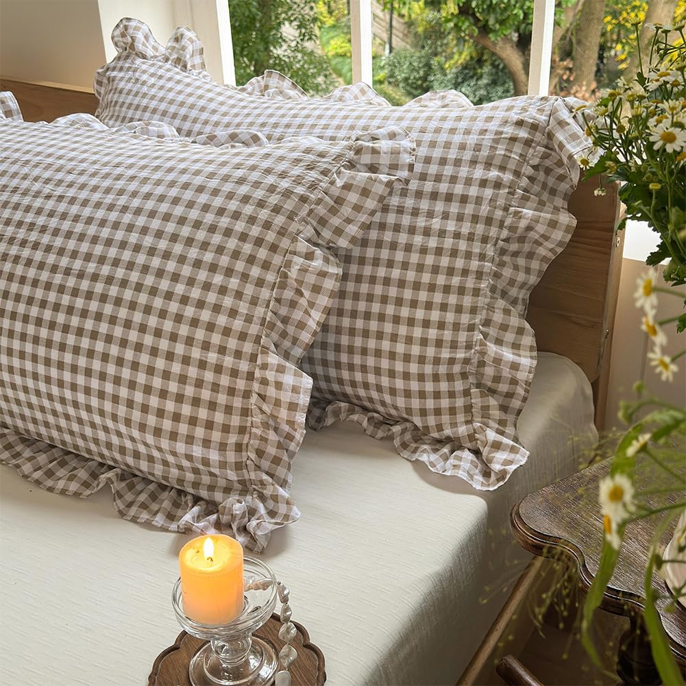 Tan Gingham Ruffle King Sheet Set, Taupe Soft Pre-Washed Microfiber Plaid King Bed Sheets, 4-Pieces Farmhouse Sheet