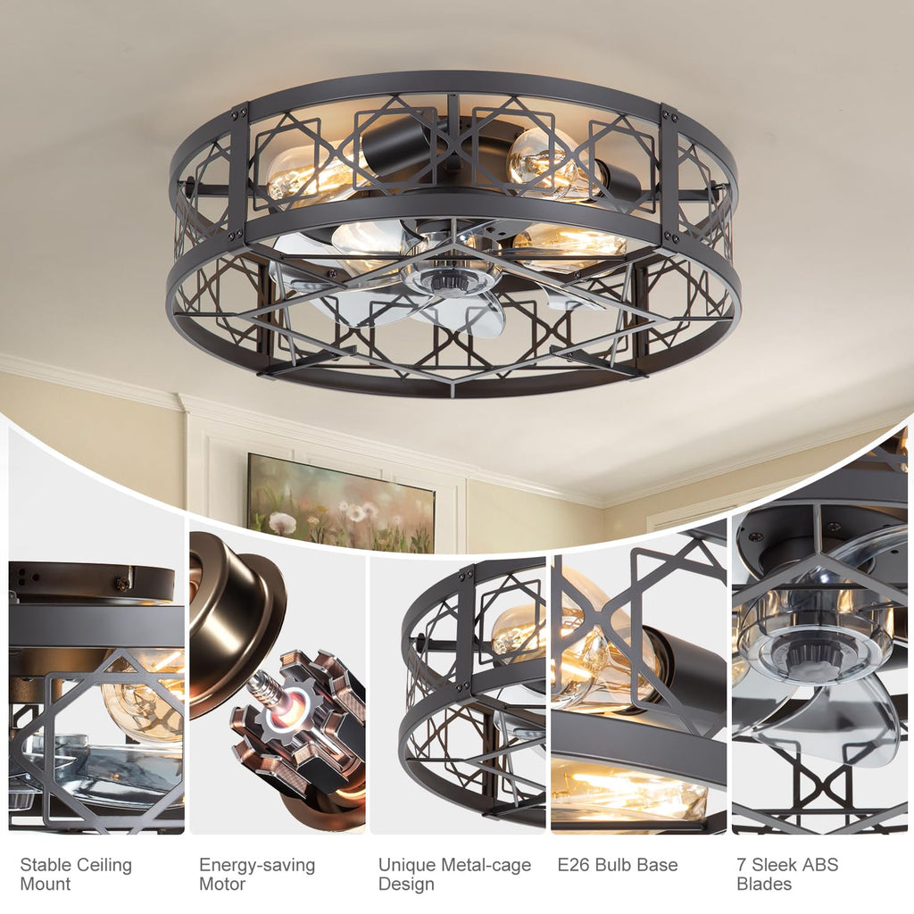 Caged Ceiling Fan with Light, 20" Ceiling Fan with Lights and Remote Flush Mount, Bladeless Caged Ceiling Fans with