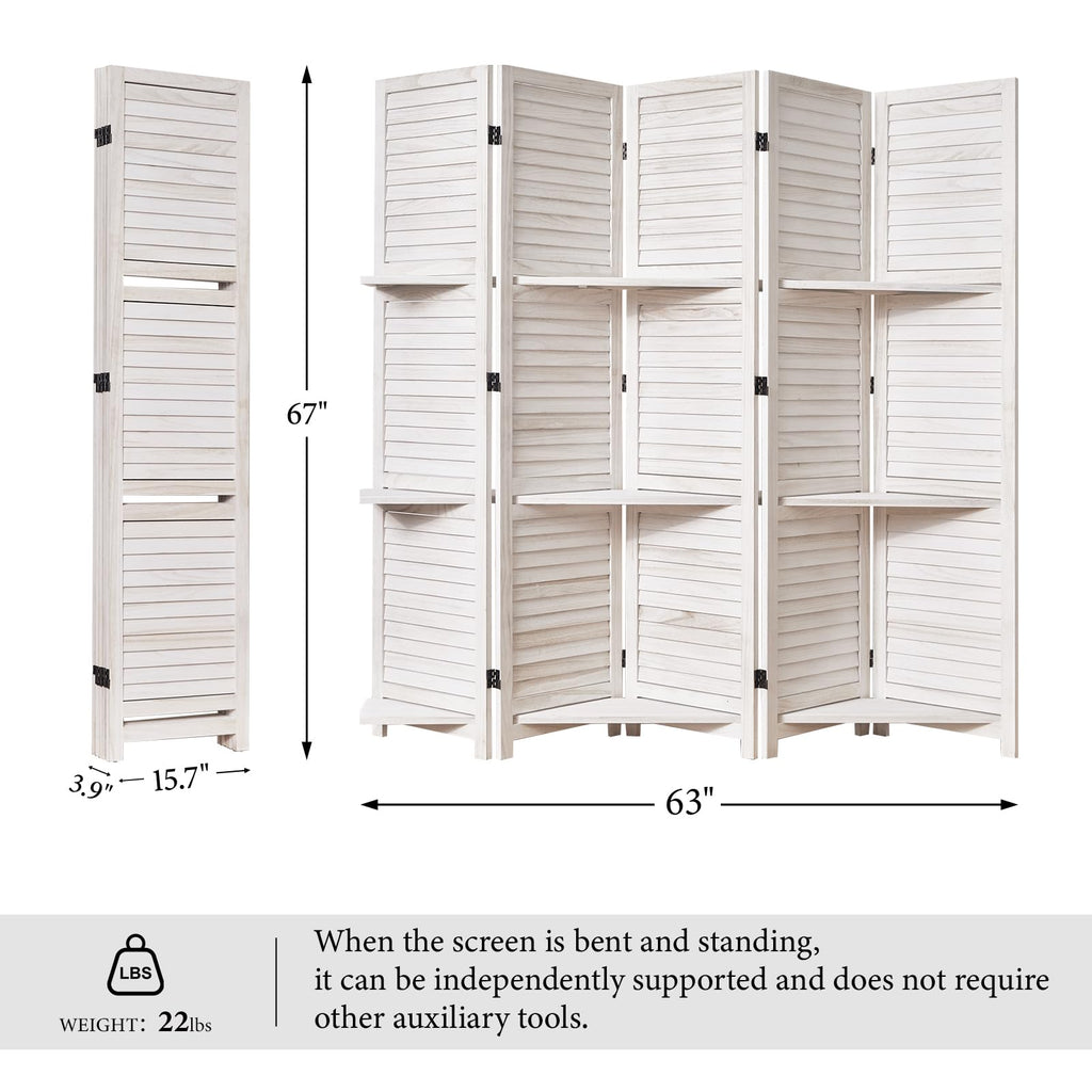 Partition Room Dividers, Folding Wood Privacy Screen with Three Display Shelves Suitable, Study, Art Display - 5