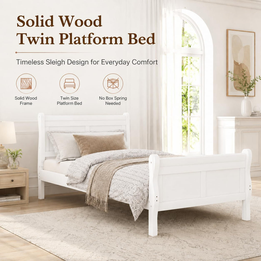 Solid Wood Bed Frame with Headboard, Footboard Farmhouse Platform Bed, Mattress Foundation Sleigh Beds