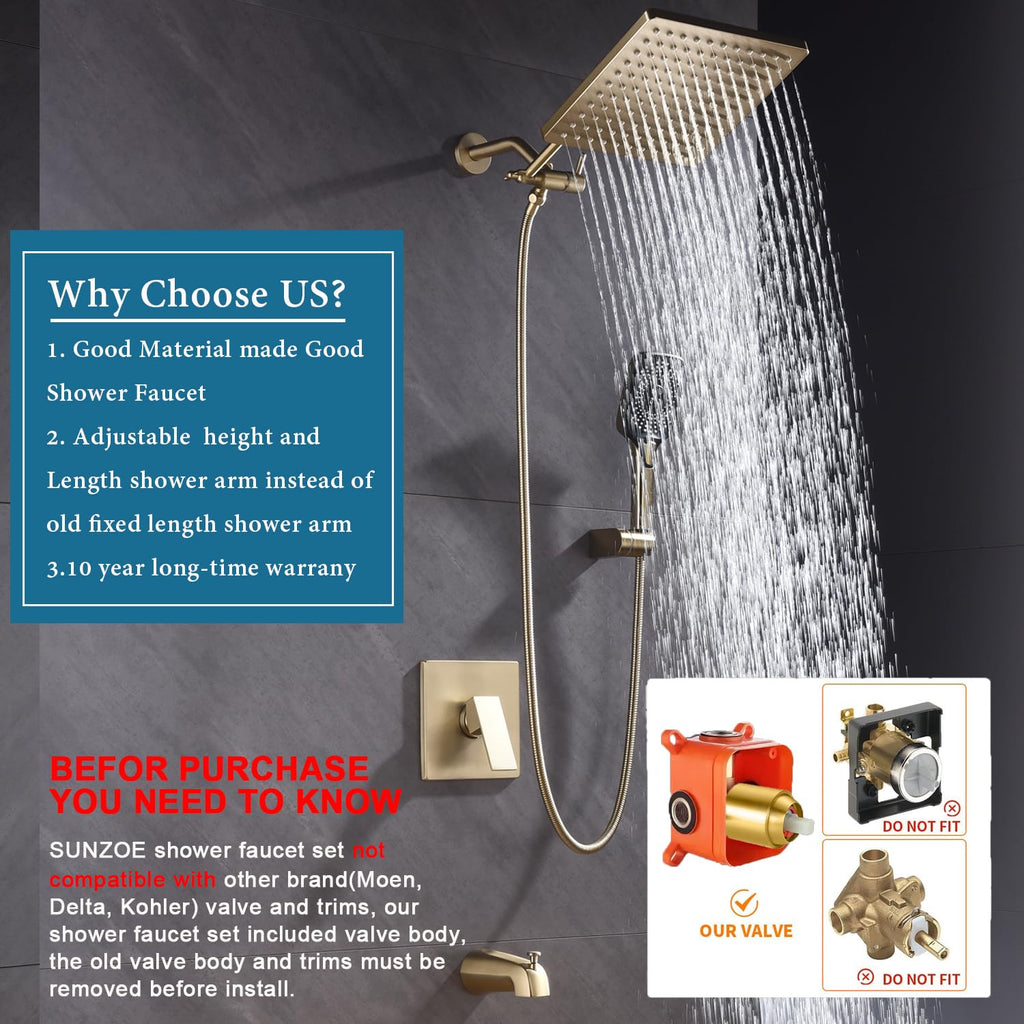 Shower Faucet Set with Tub Spout Brushed Gold 10 Inch Rainfall Shower 4 Setting Spray Mixer Shower System Modern