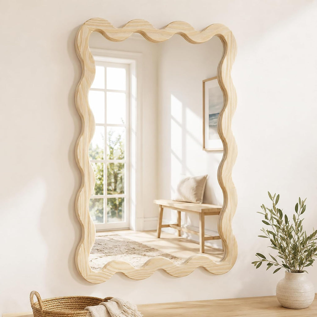 24x36 Natural Wavy Bathroom Wall Mirror, Solid Wood Scalloped Frame
