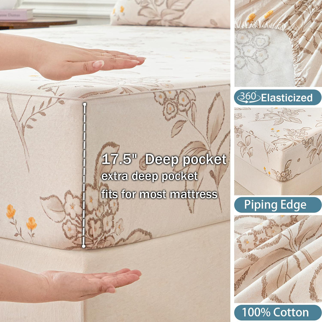 Cream Floral Bed Sheets Set 100% Cotton Percale Sheets Farmhouse Flower Printed Beige Vintage Cottage Bedding
