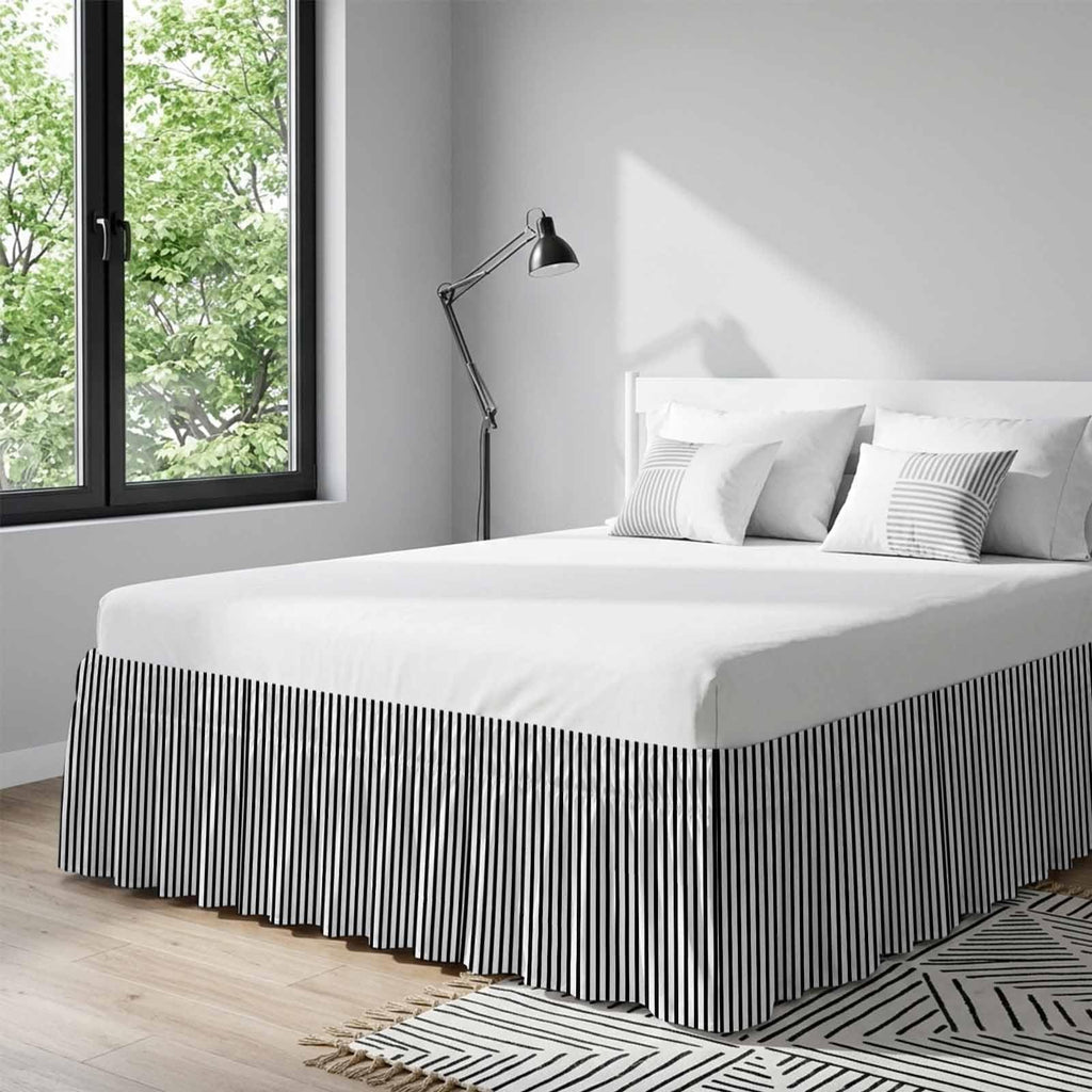 Black White Vertical Striped Bed Skirt 16 Inch Drop, Adjustable & Elastic Wrap Around Bed Skirts Pleated