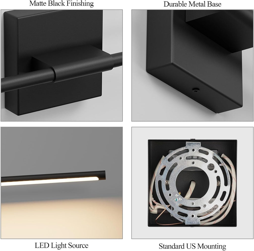 28In Hardwired Black Wall Sconce Modern Vantiy Light LED Bathroom Light Fixtures Over Mirror 3000K 360° Rotatable