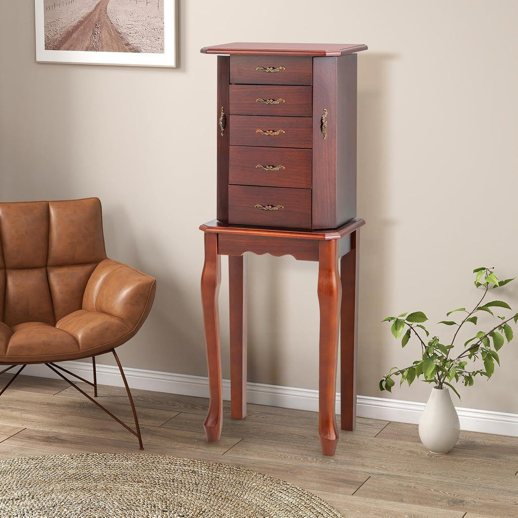 Wooden Jewelry Cabinet Armoire, 5-Tier Standing Jewelry Chest with Top Flip Makeup Mirror 4 Drawers 6 Necklace Hooks