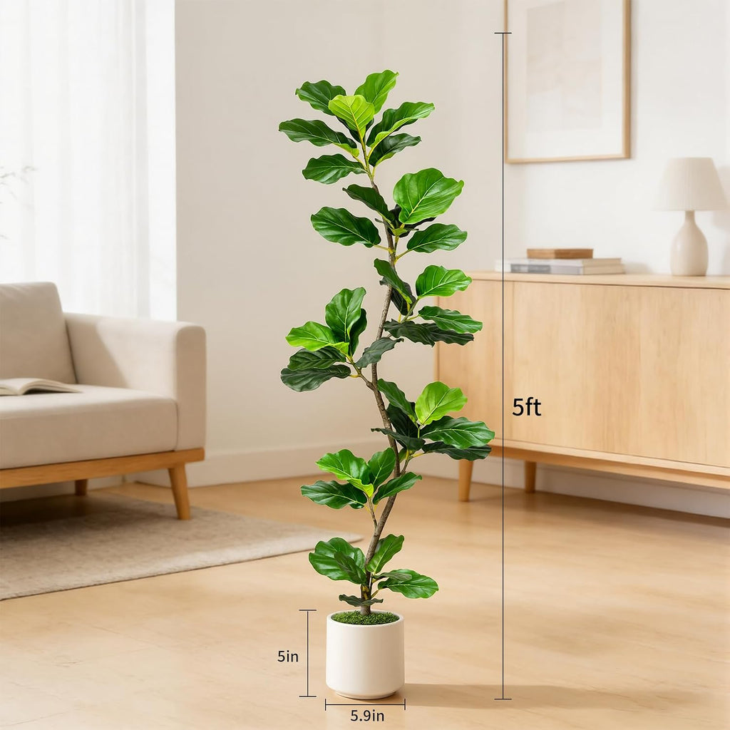 Artificial Fiddle Leaf Fig Tree-5 FT Fake Plant with Nursery Planter,Fake Plants Living Room Decor Indoor