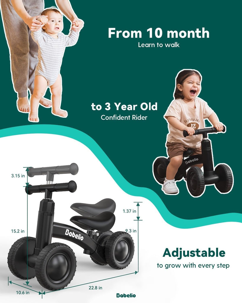 Baby Balance Bike for 1 Year Old, Adjustable Seat & 4 Wheels, Green