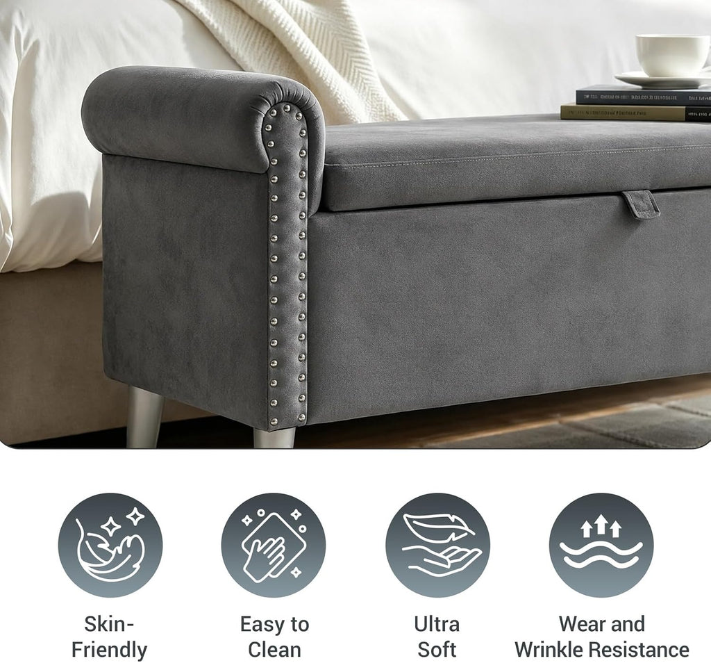 Storage Bench - Grey Velvet Bench with Storage 47" | Featuring Rolled Arms Decorative Nailhead Trim Safety Hinge