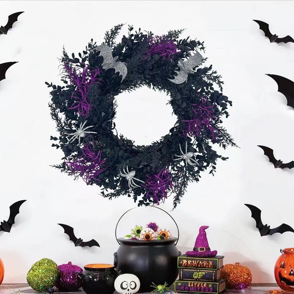 Halloween Wreath for Front Door, 20 Inch Creepy Wreath with Silver Spiders & Bats Purple Plants, Spooky Durable