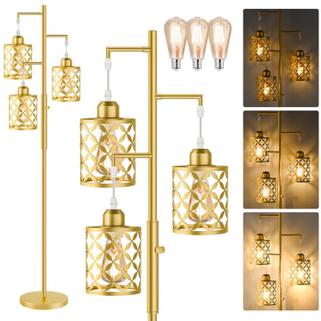 72" Modern Tree Floor Lamp, Dimmable Industrial Tall Standing Lamp with Metal Cages & Rotary Dimmer Knob, Corner