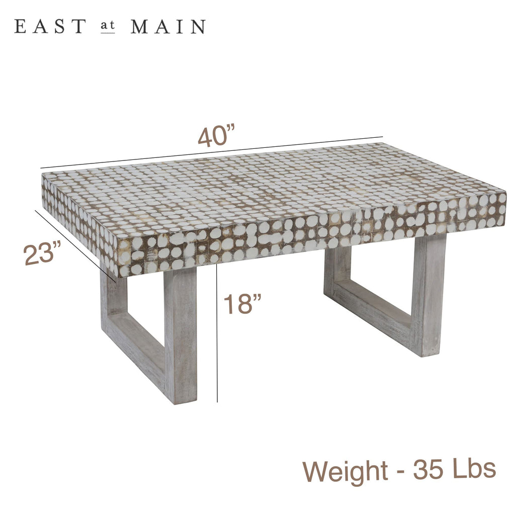 White Coffee Table - Handmade Accent Table with Coconut Shell Inlay, 40" Rectangular Wood Table, Coastal Farmhouse