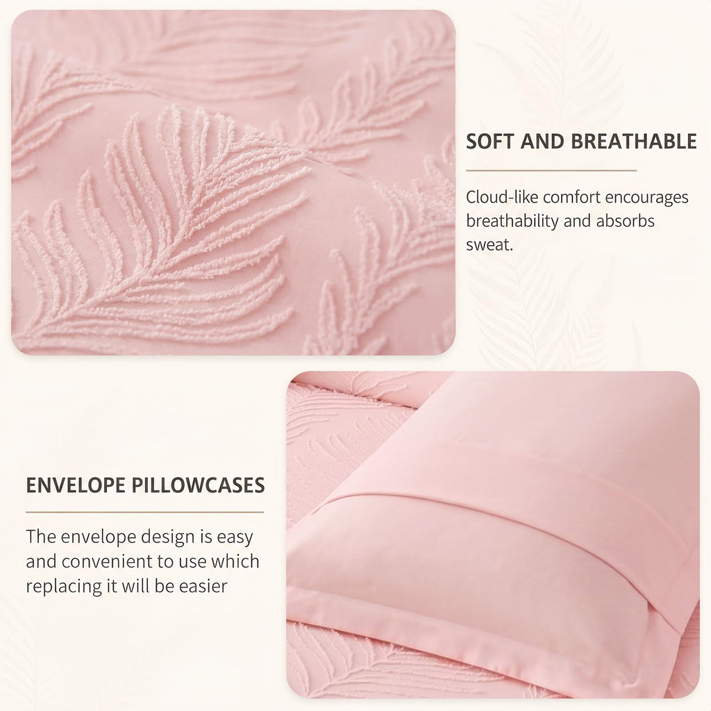 Queen Comforter Set Pink 7 Pieces Tufted Boho Comforter Set Leaves Floral Farmhouse Shabby Chic Bedding Sets for All