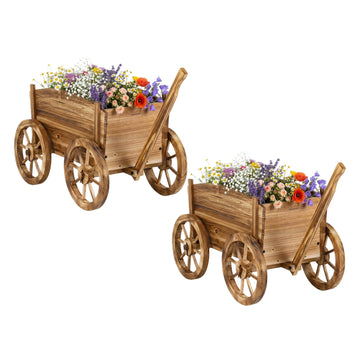 Wood Wagon Planter Set of 2, Rustic Rolling Flower Pot Stand with Wheels, Handle & Drainage Hole for Growing
