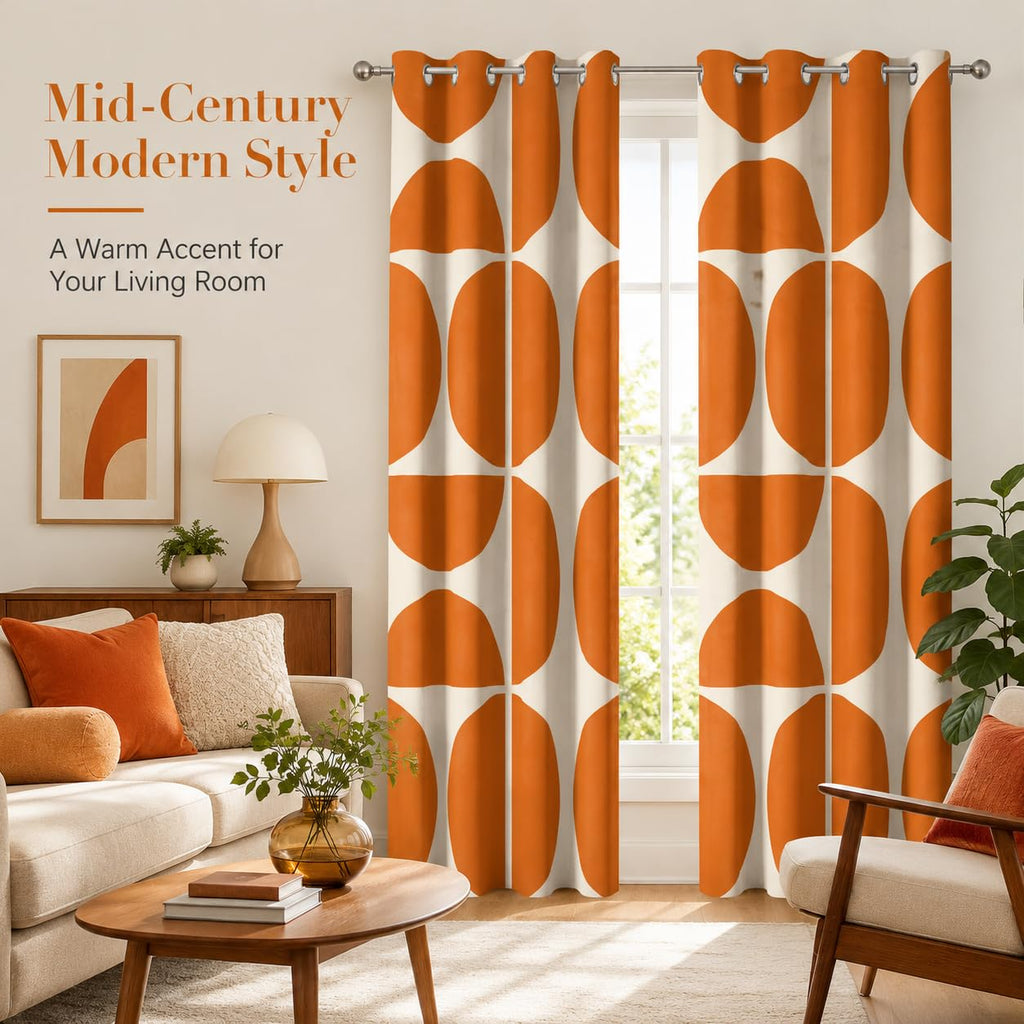 Orange and Beige Modern Geometric Blackout Curtains, Mid Century Retro Abstract Curtains, Boho Unique Semi Circle