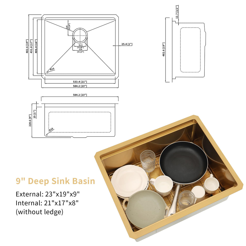 23 Inch Workstation Gold Kitchen Sink, 16 Gauge Undermount Sink