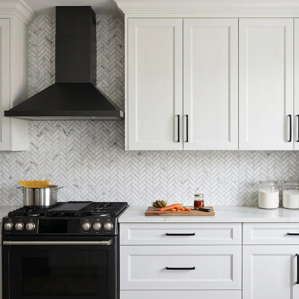 Carrara White Marble Look 3D Herringbone Recycled Glass Matte Mosaic Tile Shower Kitchen Backsplash, Floor 5 Sheet