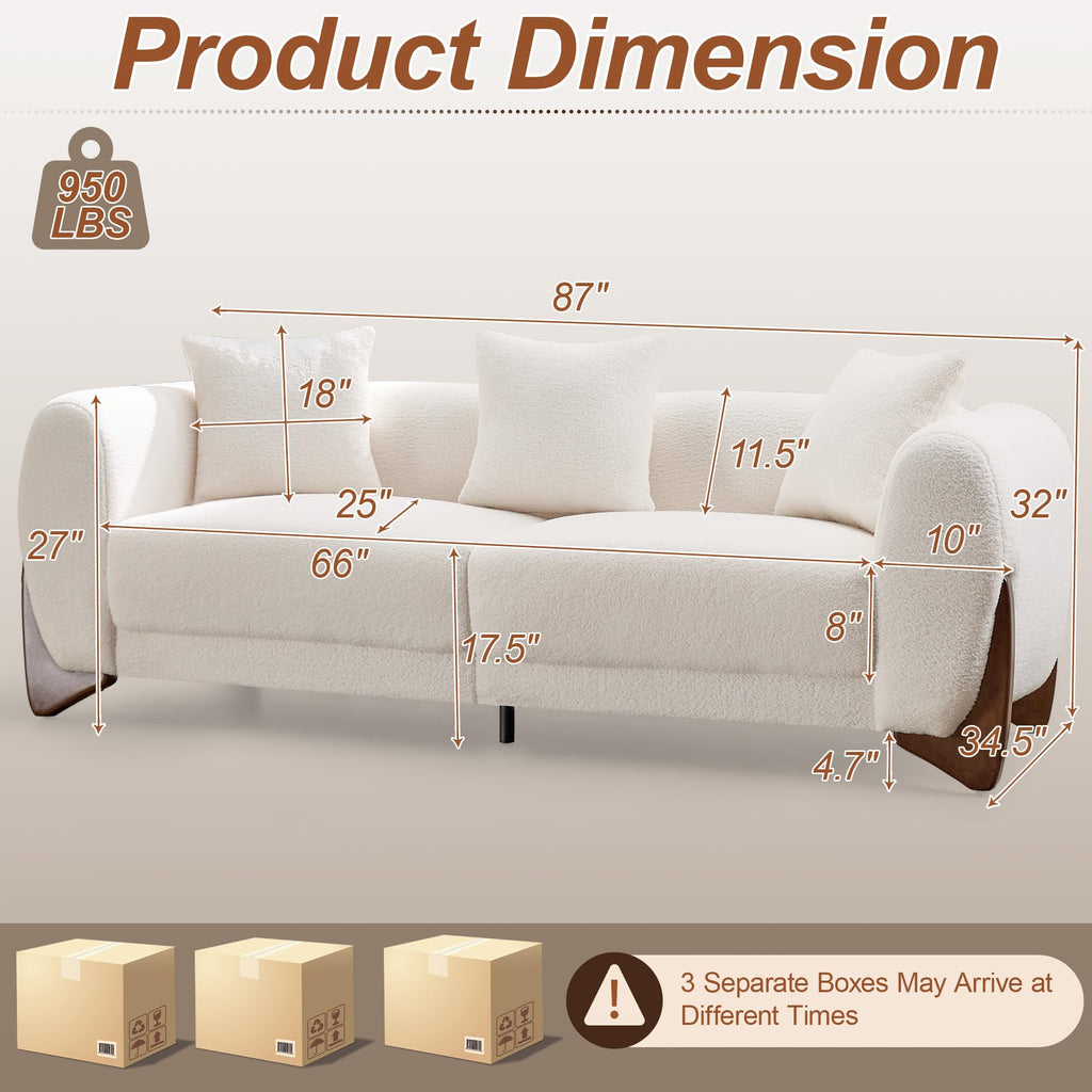 87" Sherpa Boucle 3 Seater Sofa Modern Cloud Couch with Solid Wood Legs, 25in Extra Deep Seat, Comfy Thick Cushion