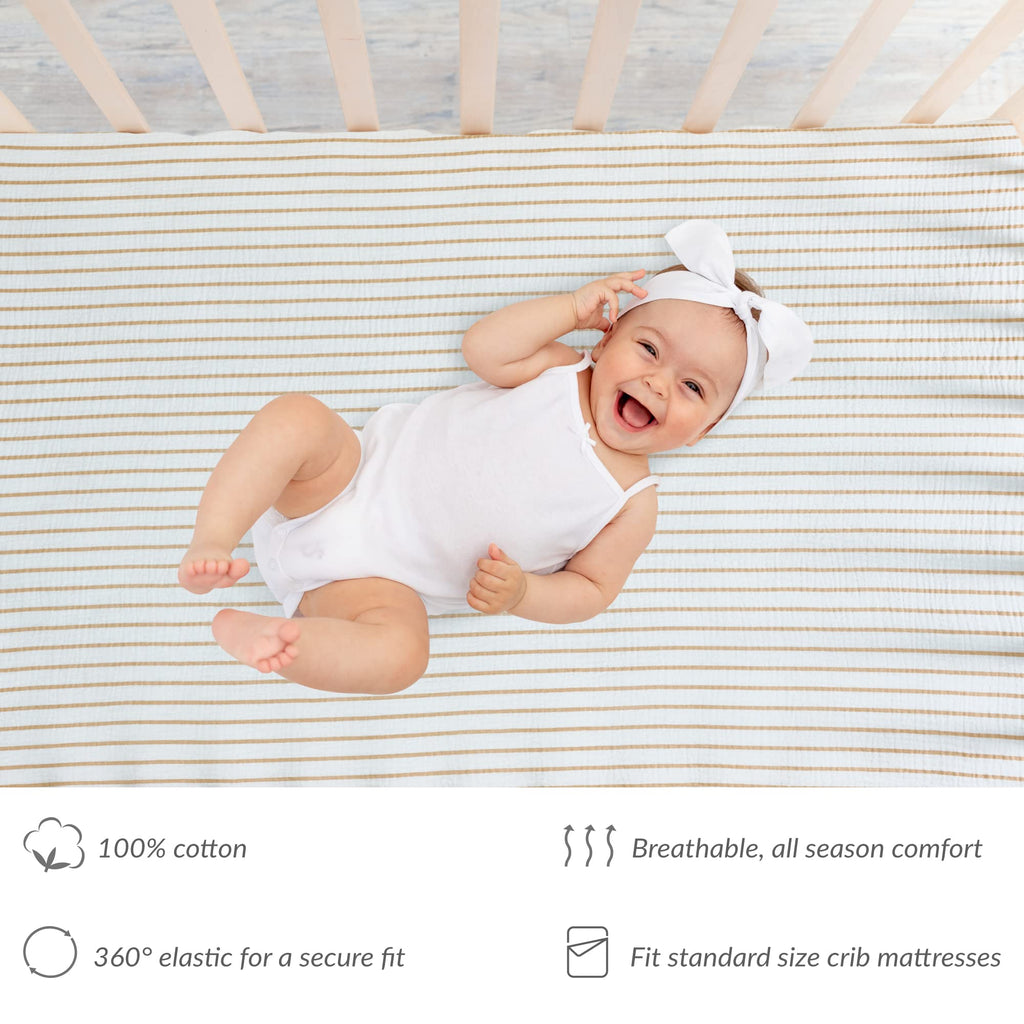 Muslin Fitted Crib Sheet, 100% Cotton, 28"x52", Neutral Stripe
