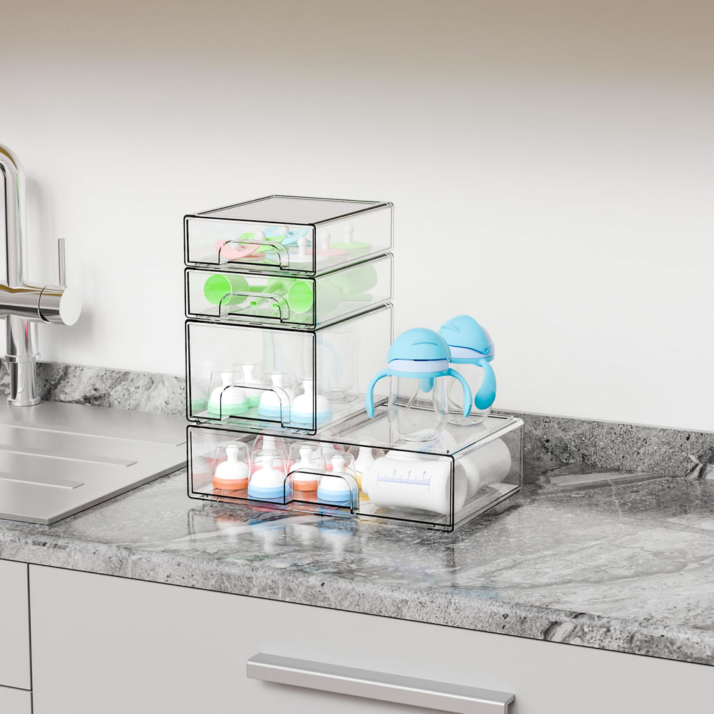 4 Pack Clear Stackable Storage Drawers,Pull-Out Medicine Cabinet Organizer and Containers,Large Acrylic Organizers