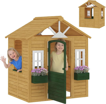 Outdoor Playhouse Wooden Kids Playhouse Functional Door Ages 3-8 Brown | Three Windows, Two Flower Boxes, Kids