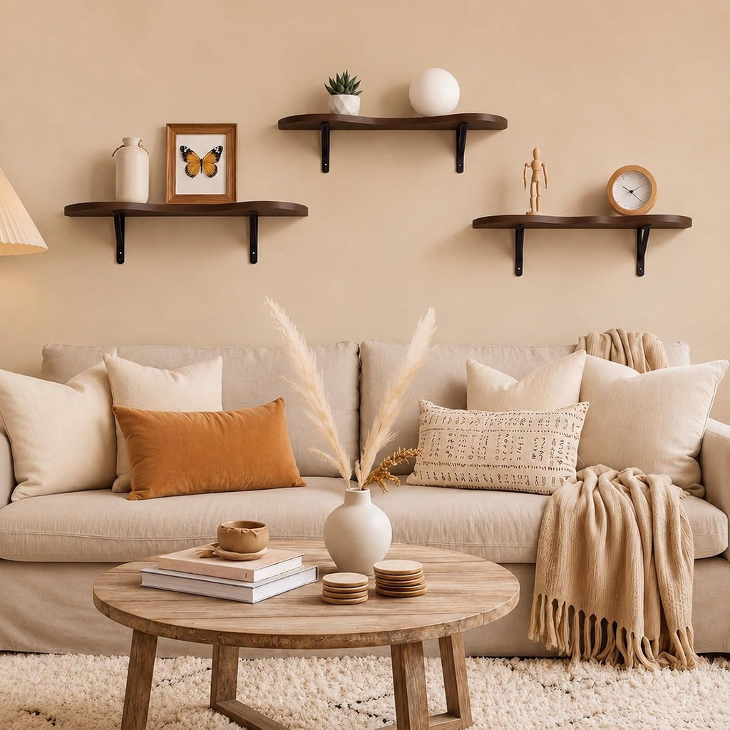 3 Pcs Wooden Floating Shelves Wavy Cloud Shelves Wood Walnut Shelf Live Edge Wall Mount Shelf Dark Brown Rustic