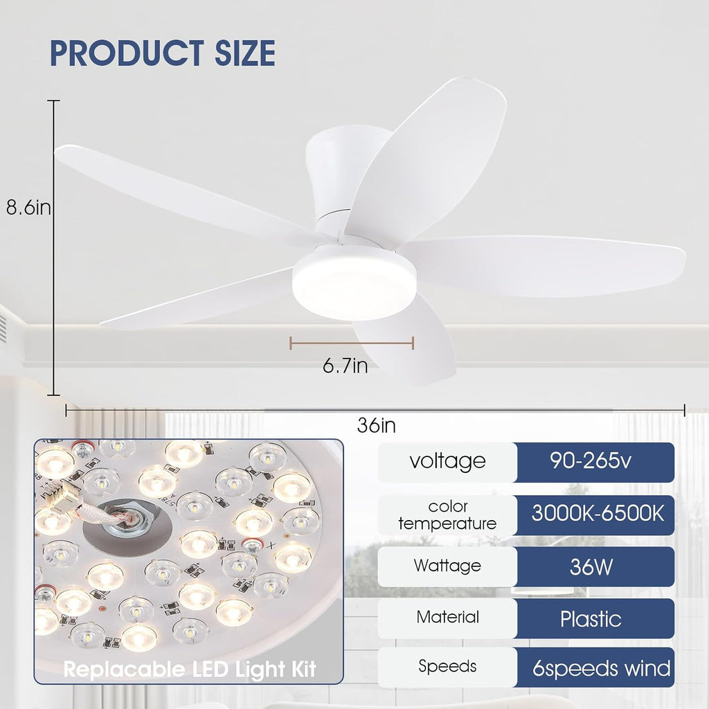 Ceiling Fans with Lights-36 Low Profile Ceiling Fan with Light and Remote/APP Control,Flush Mount,DC Reversible,LED Dimmable Modern Ceiling Fans for Bedroom,Indoor/Outdoor Patio Use(White) A101-B0CZHLG361