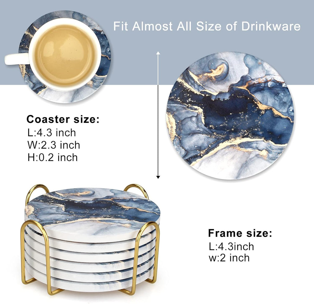 Coasters, Navy Blue Marble Abstract Ceramic Coasters with Holder - Set of 6