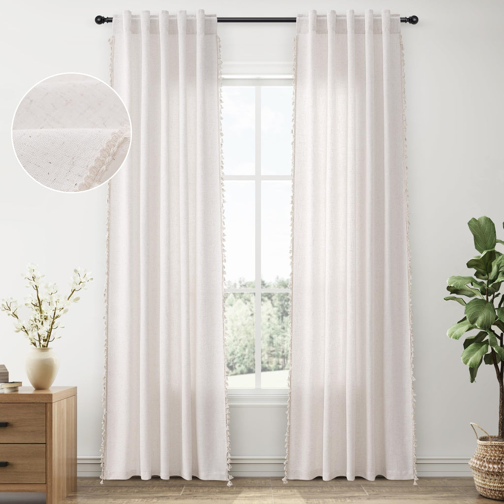 Boho Linen Curtains 86 Inches Long 2 Panels Cream Beige Semi Sheer Curtain Tassel Rod Pocket Back Tab Light Filtering