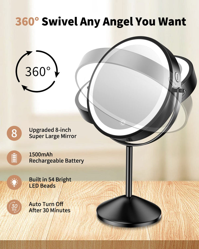 8" Lighted Makeup Mirror with Magnification 10X/1X, 3 Color Lights