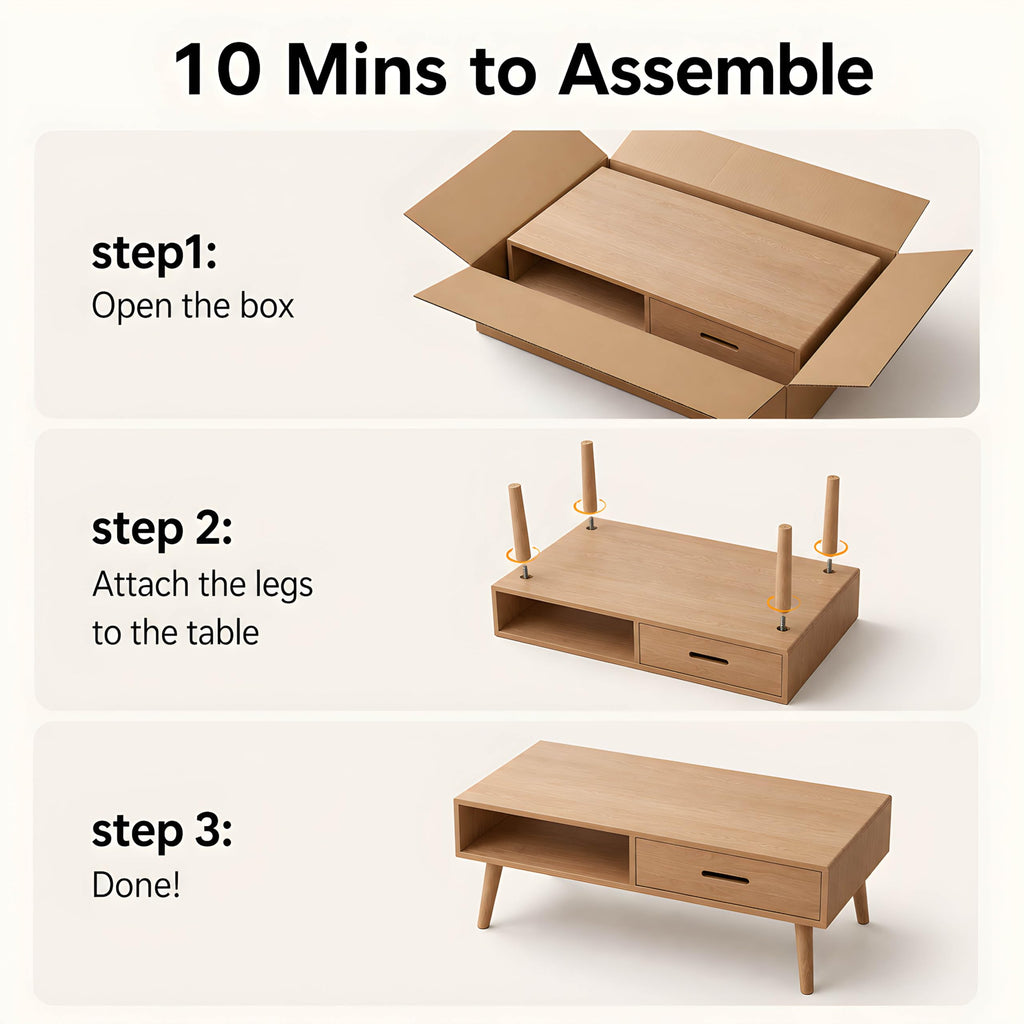 Fully-Assembled 100% Oak Wood Coffee Table with Storage