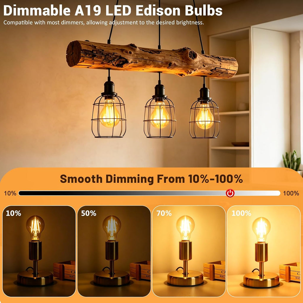 A19 Vintage LED Edison Bulbs, 60W Equivalent, 2200K Amber Warm, 6 Pack