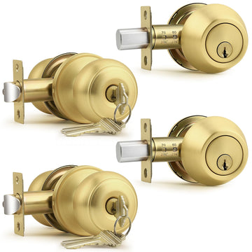 2 Pack Entry Door Knob Set with Single Cylinder Deadbolt Combo Set, Gold Front Door Handle Keyed Alike, Exterior Door
