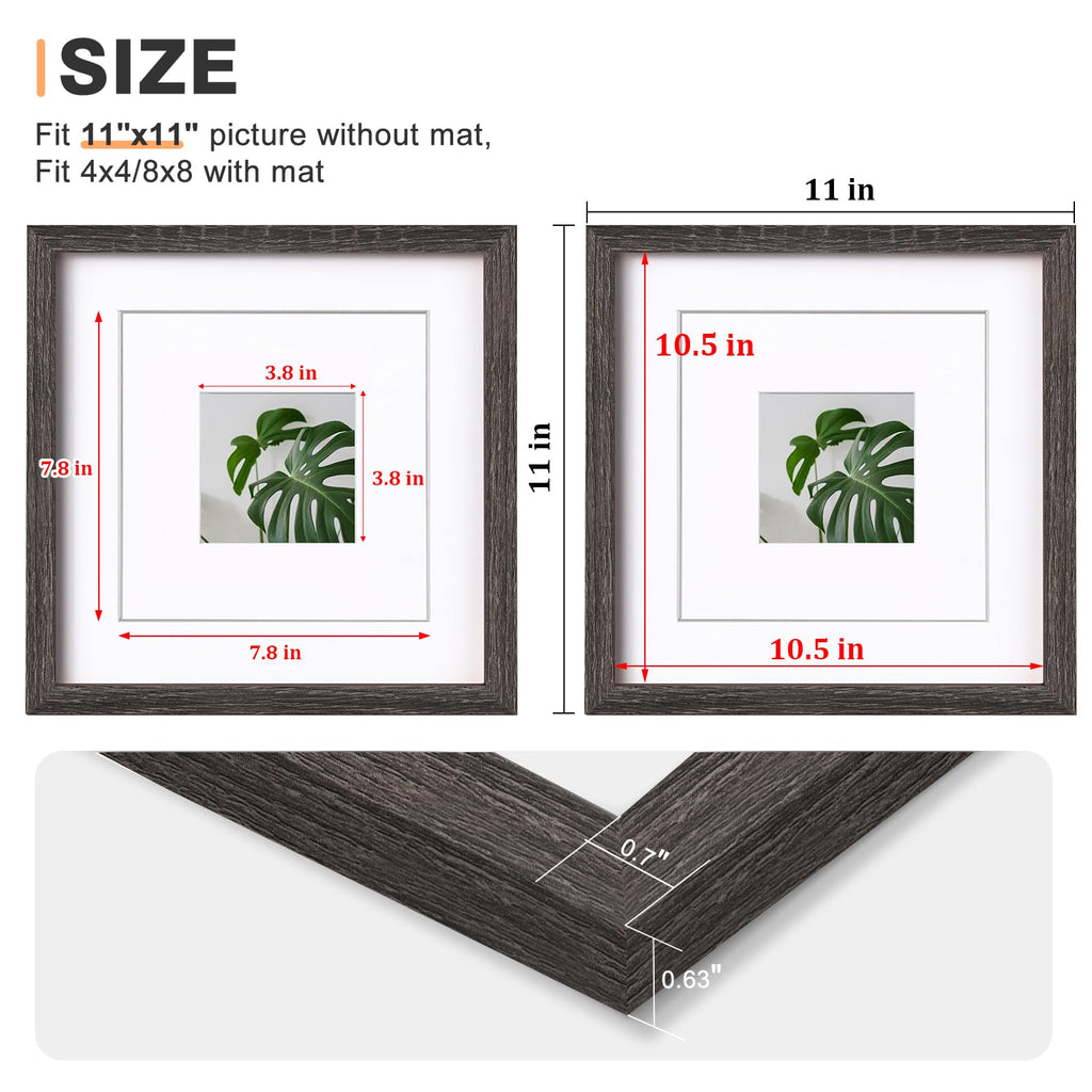 11x11 Picture Frames, Solid Wood frame Fits 4x4/8x8 with Mat or 11x11 Without Photo Frame Covered by Plexiglass, for
