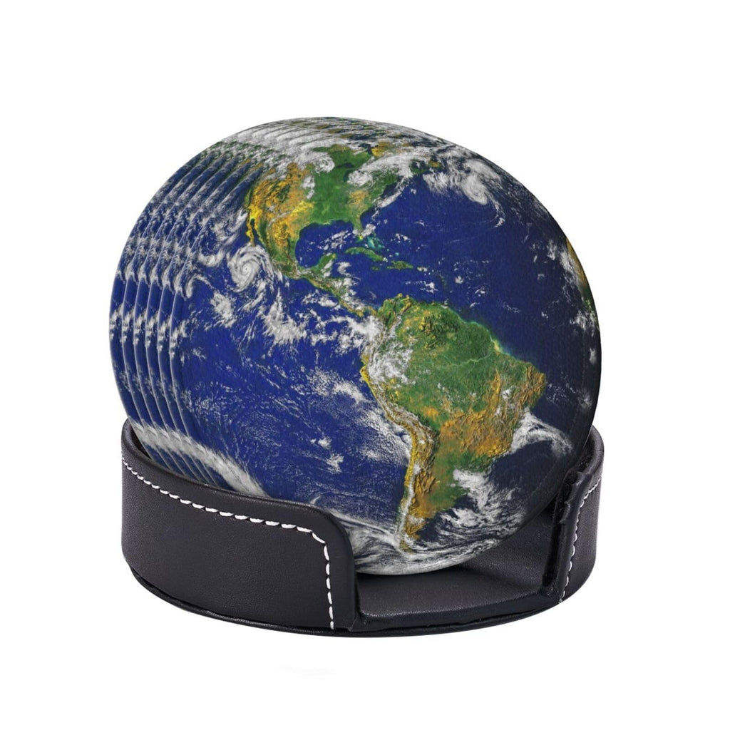 Planet Earth North And South America Map Coasters For Drinks Round Leather Coaster With Holder Set Of 6 For Tabletop