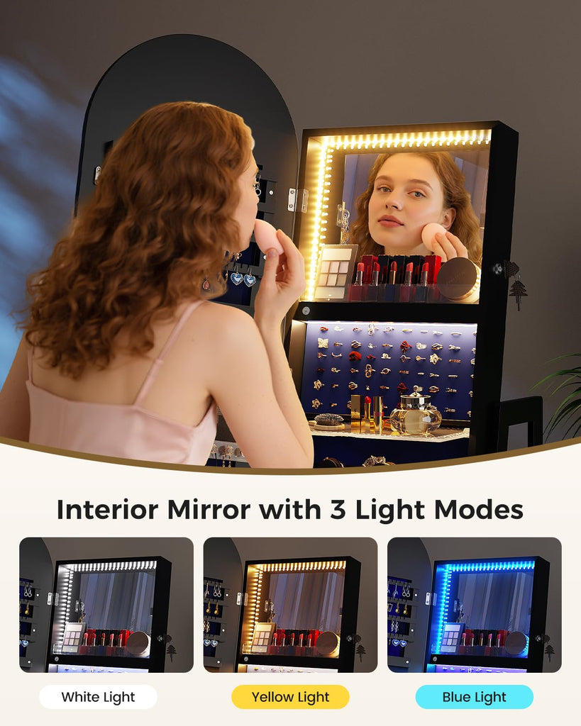 Arched Jewelry Cabinet with RGB Full-Length Mirror and Storage