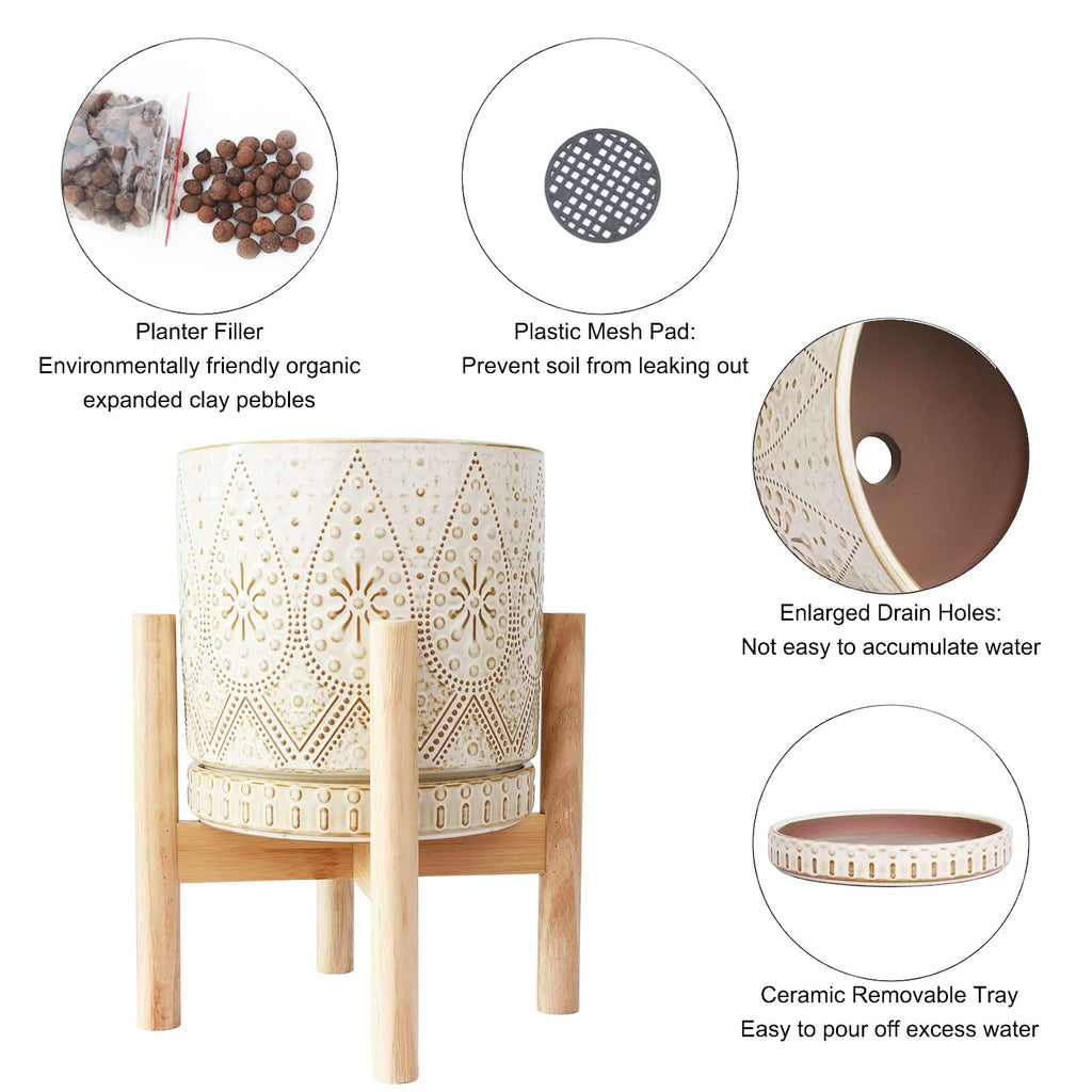 8 Inch Plant Pot with Stand, Ceramic Planter with Drainage Holes, Saucers and Mesh Pads for Indoor-Outdoor Plants
