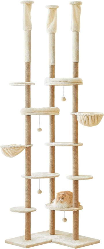 Floor to Ceiling Cat Tree, Tall Cat Tower Adjustable Height (88"-114"=223-290CM), 6-Tier Cat Climbing Tower with 18