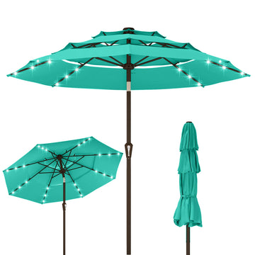 10ft 3-Tier Patio Umbrella with Solar Lights, Table Umbrella Outdoor Patio with Easy Crank & Tilt, 8 Sturdy Ribs, UV