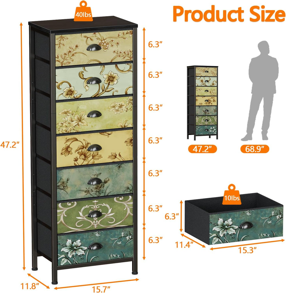 White Bedroom Dresser, Tall Dressers & Chests of Drawers with 7 Fabric Bins & Vintage Dressers & Chest of Drawers