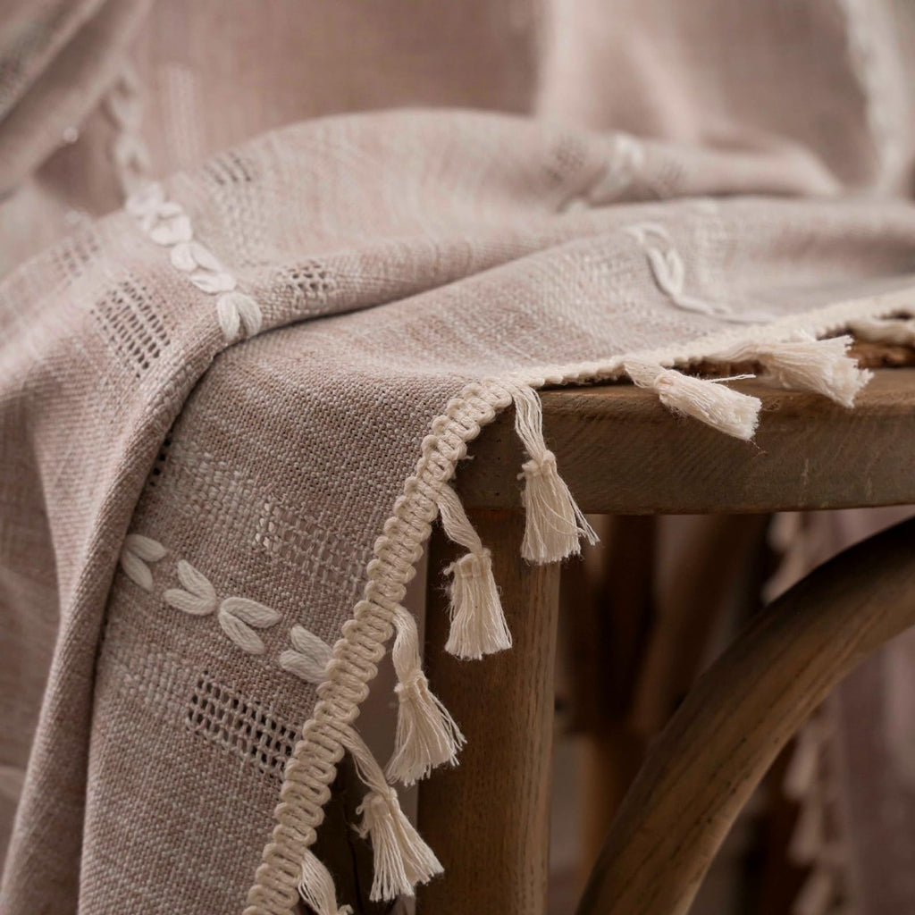 Boho Curtain 84 inches Long Bedroom Nursery, Retro Bohemian Coffee Linen Sheer 84 inches Length Tassel Stripe