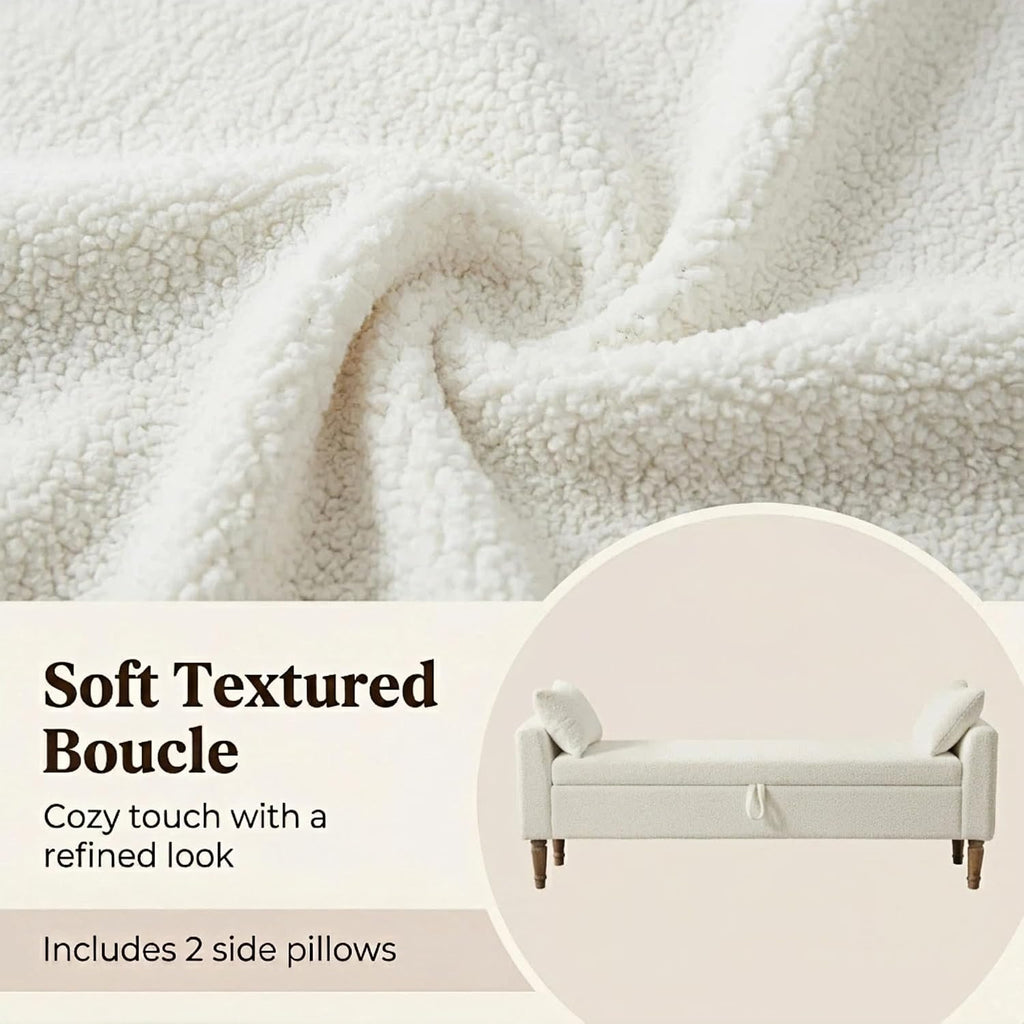 66" End of Bed Storage Bench with Arms, Boucle, Ivory | Flip-top Storage, Bench Daybed, 2 Bolster Pillows, Rubberwood