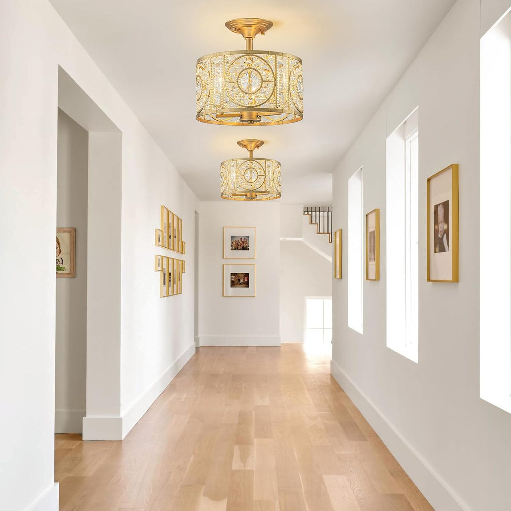 Semi Flush Mount Chandelier for Dining Room, 3-Lights Vintage Crystal Round Chandelier, Gold Retro Semi-Flush Mount